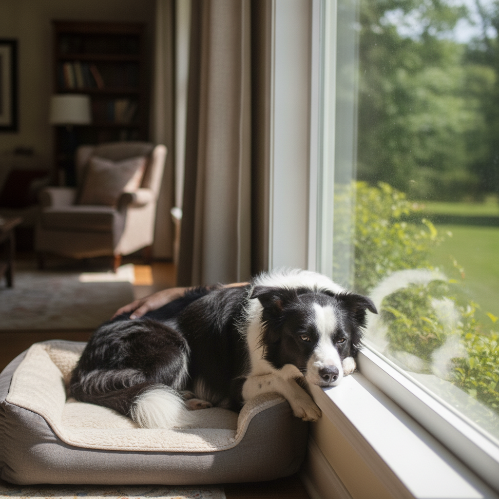 Calm Border Collie resting on a bed by the window, relaxed after Partners Dogs barrier frustration training.