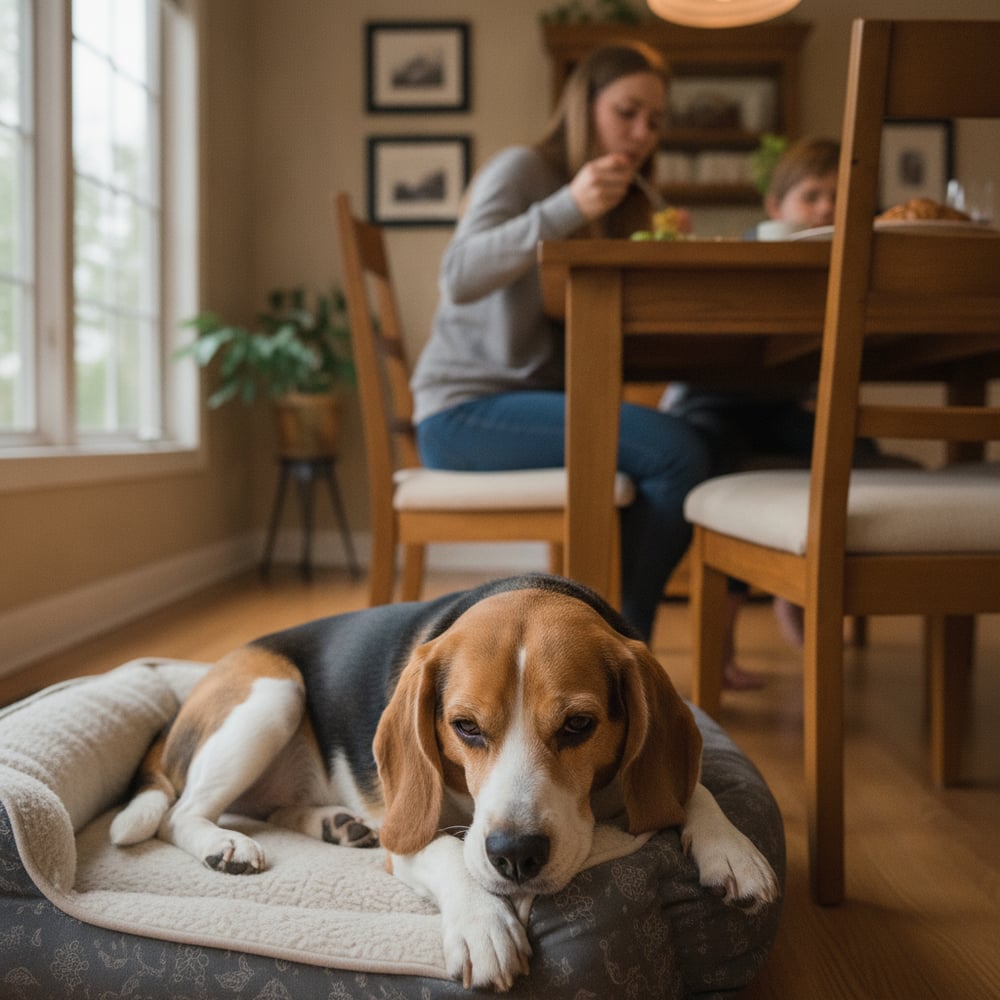 Calm, relaxed Beagle settled on its dog bed during family dinner after Partners Dogs training.