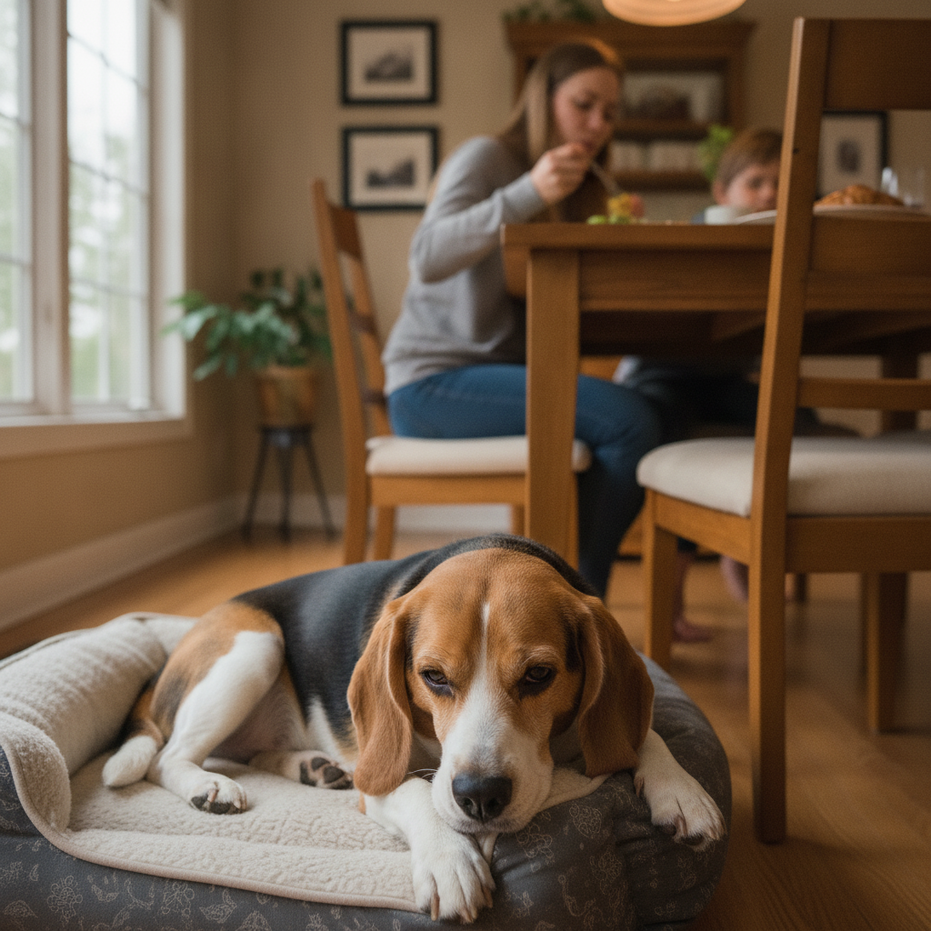 Calm, relaxed Beagle settled on its dog bed during family dinner after Partners Dogs training.