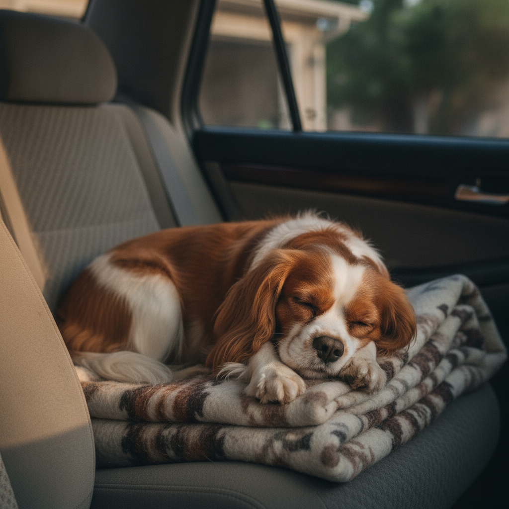 Calm Cavalier King Charles Spaniel resting contentedly on a car back seat after Partners Dogs car-anxiety training.