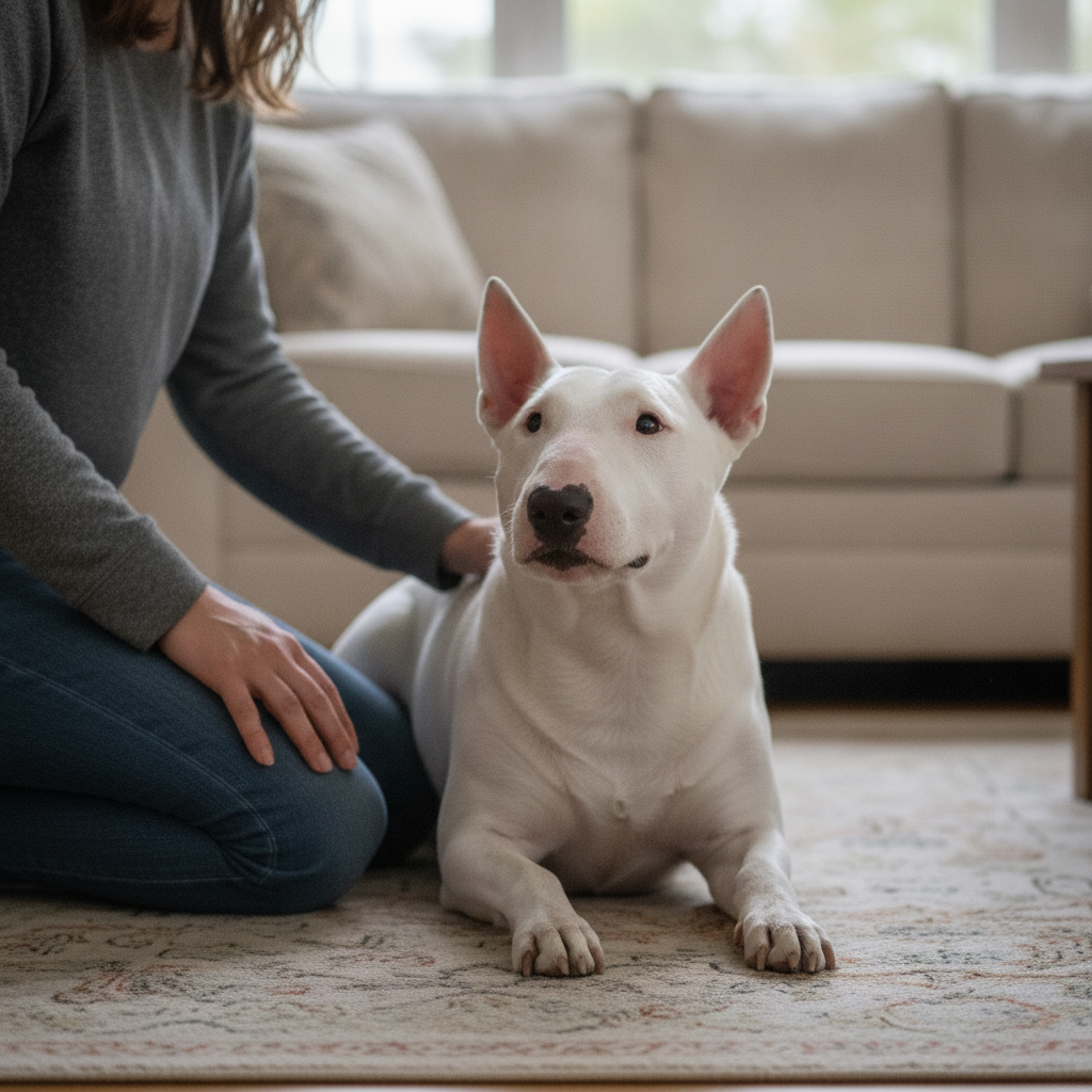 Calm relaxed Bull Terrier settled on living room rug looking up at owner after Partners Dogs compulsive behavior training.
