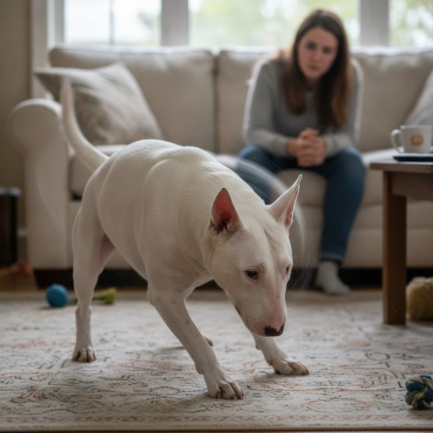 Adult white Bull Terrier compulsively spinning and chasing its tail in a living room, anxious repetitive behavior.