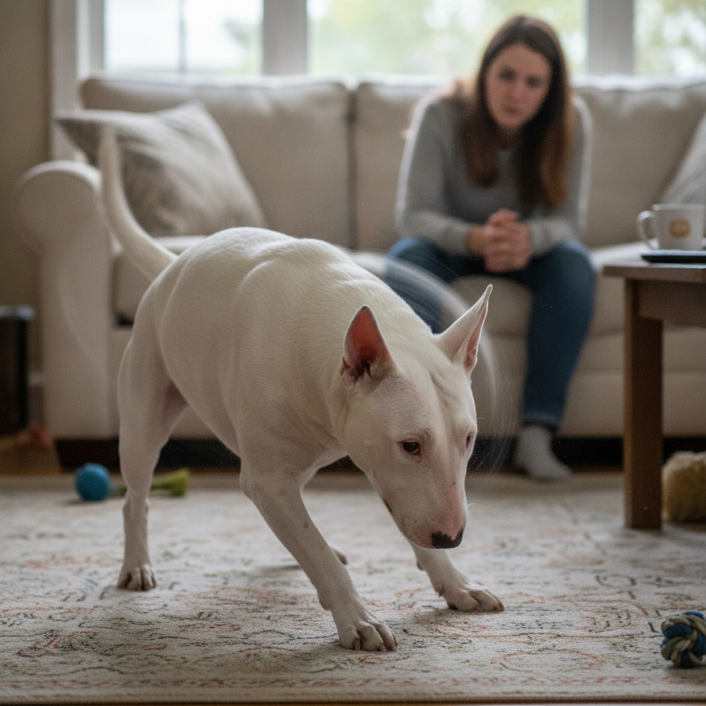 Adult white Bull Terrier compulsively spinning and chasing its tail in a living room, anxious repetitive behavior.