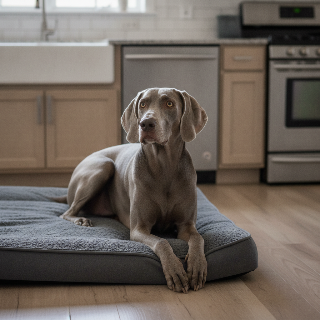 Calm Weimaraner settled on its bed in the kitchen, no longer counter surfing, after Partners Dogs training.