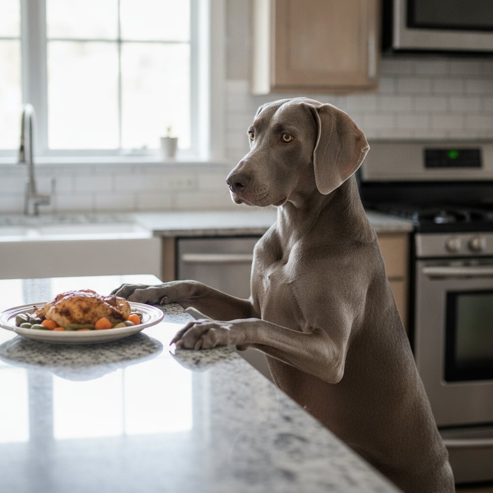 Adult Weimaraner counter surfing with front paws on a kitchen counter reaching for food before Partners Dogs training.