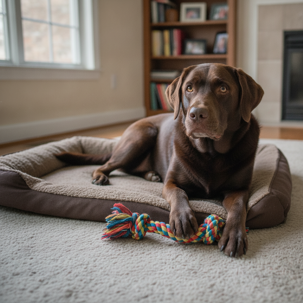 Calm, happy chocolate Labrador relaxing on a dog bed with a chew toy after Partners Dogs destructive chewing training.
