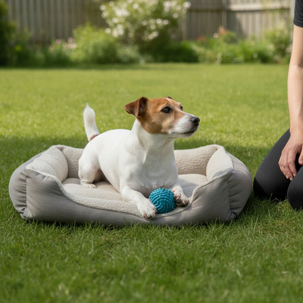 Calm, happy Jack Russell Terrier resting contentedly with its owner in the backyard after Partners Dogs digging training.