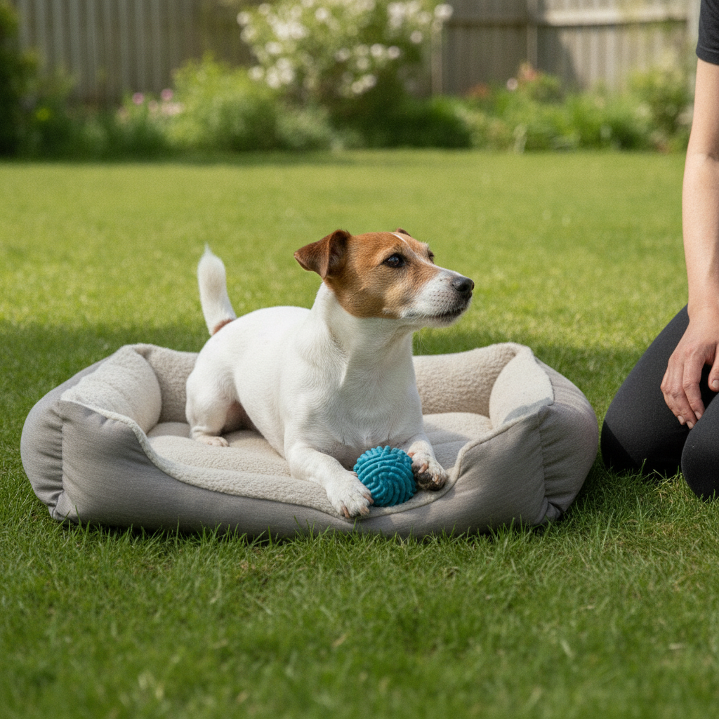 Calm, happy Jack Russell Terrier resting contentedly with its owner in the backyard after Partners Dogs digging training.