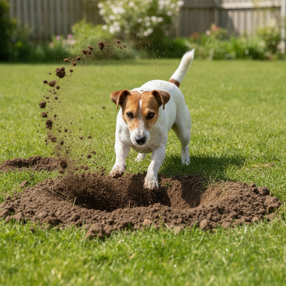 Adult Jack Russell Terrier digging a hole in a sunny backyard with dirt flying, a classic terrier digging behavior problem.