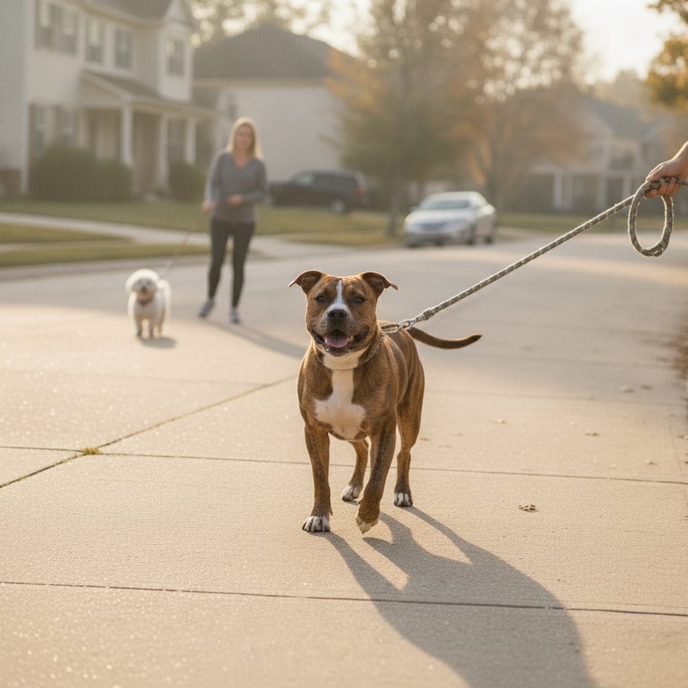 Calm American Staffordshire Terrier walking on a loose leash, relaxed and happy after Partners Dogs aggression training.