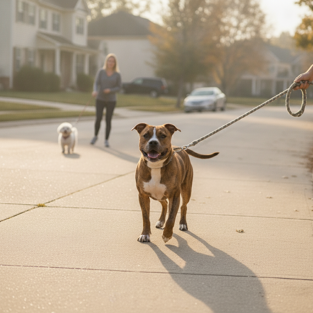 Calm American Staffordshire Terrier walking on a loose leash, relaxed and happy after Partners Dogs aggression training.