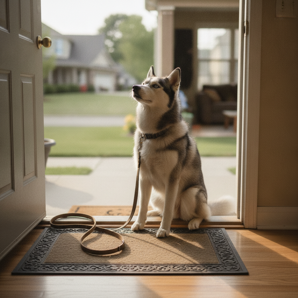 Calm Siberian Husky waiting politely at the open front door after Partners Dogs door-bolting training.