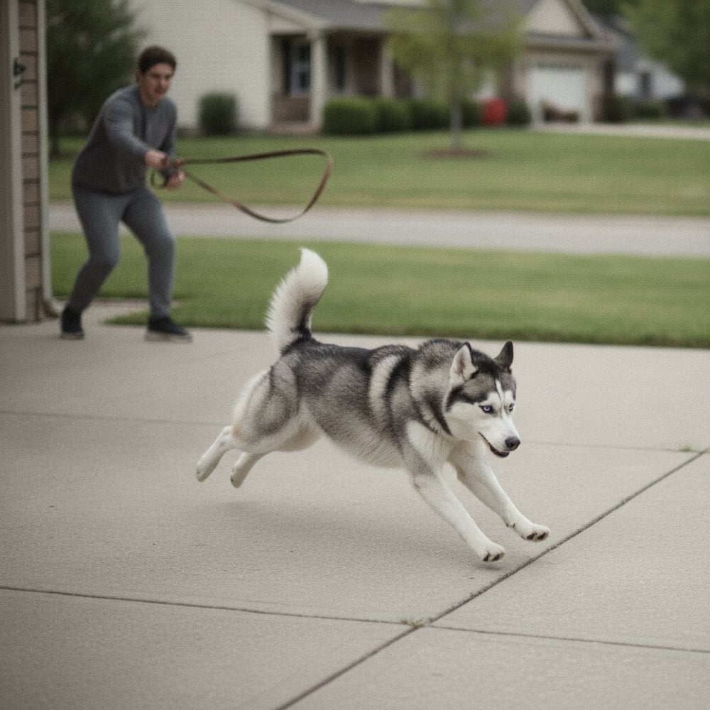 Adult Siberian Husky bolting through an open front door before Partners Dogs door-darting training.