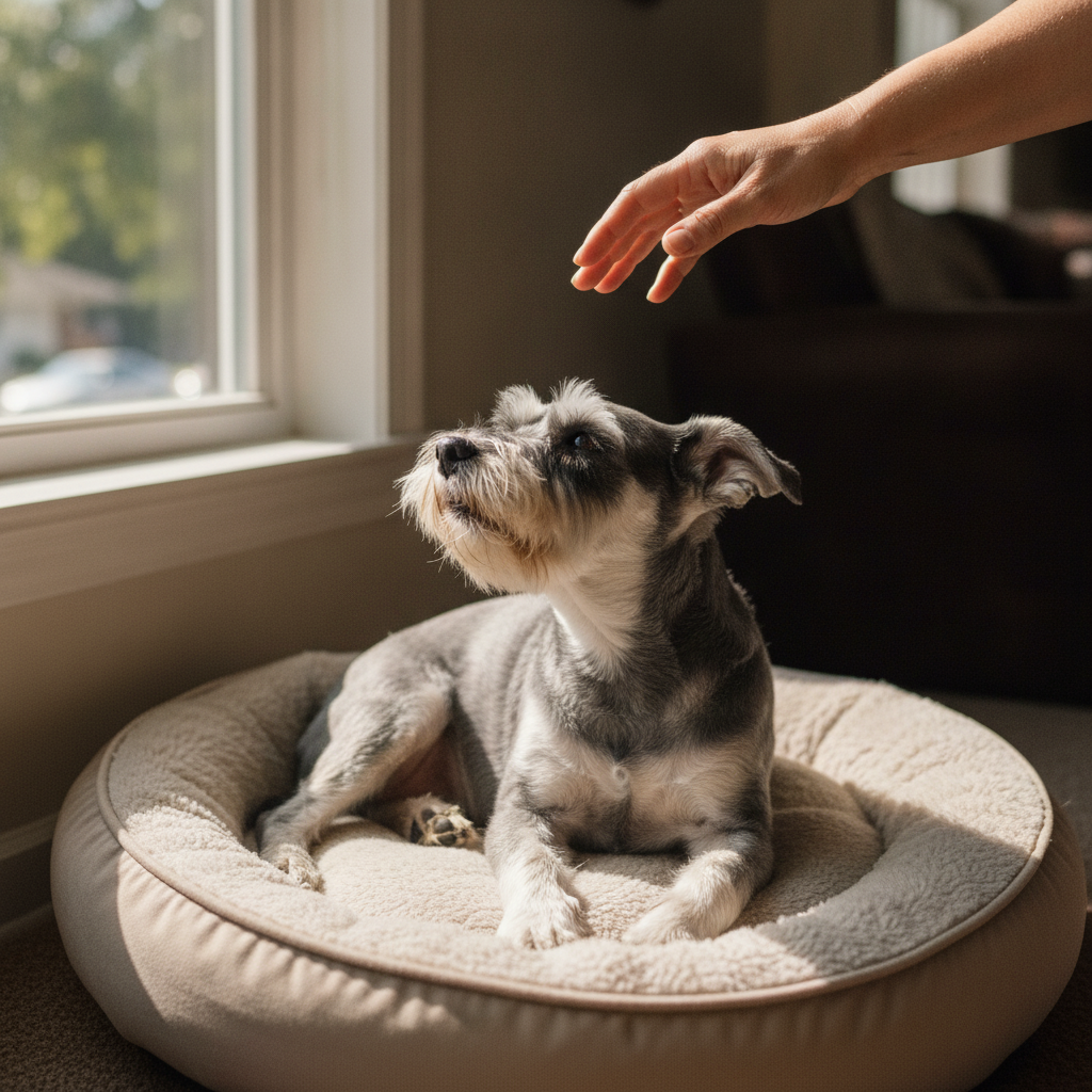 Calm Miniature Schnauzer relaxing on a dog bed by the window after Partners Dogs excessive barking training.