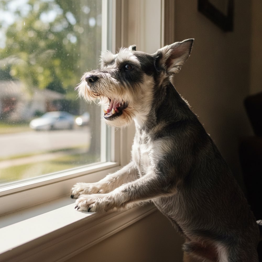 Adult Miniature Schnauzer barking at a front window, mouth open and aroused, before Partners Dogs barking training.