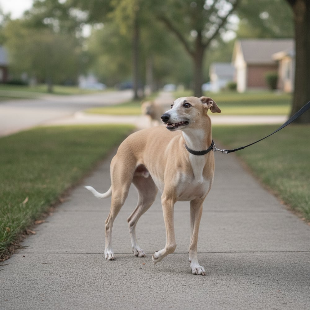 Calm, confident Whippet walking on a loose leash on the same sidewalk after Partners Dogs fear-of-other-dogs training.