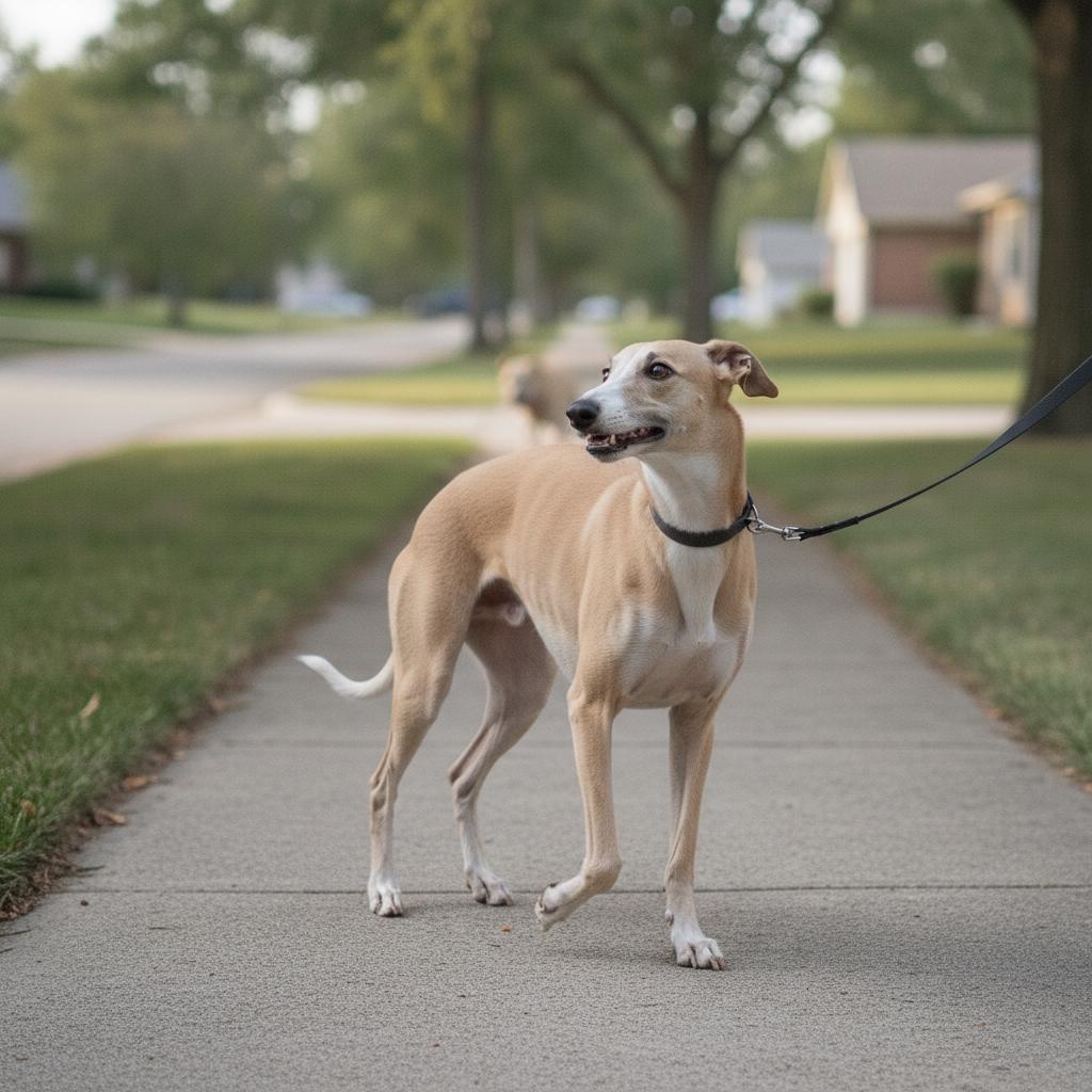 Calm, confident Whippet walking on a loose leash on the same sidewalk after Partners Dogs fear-of-other-dogs training.