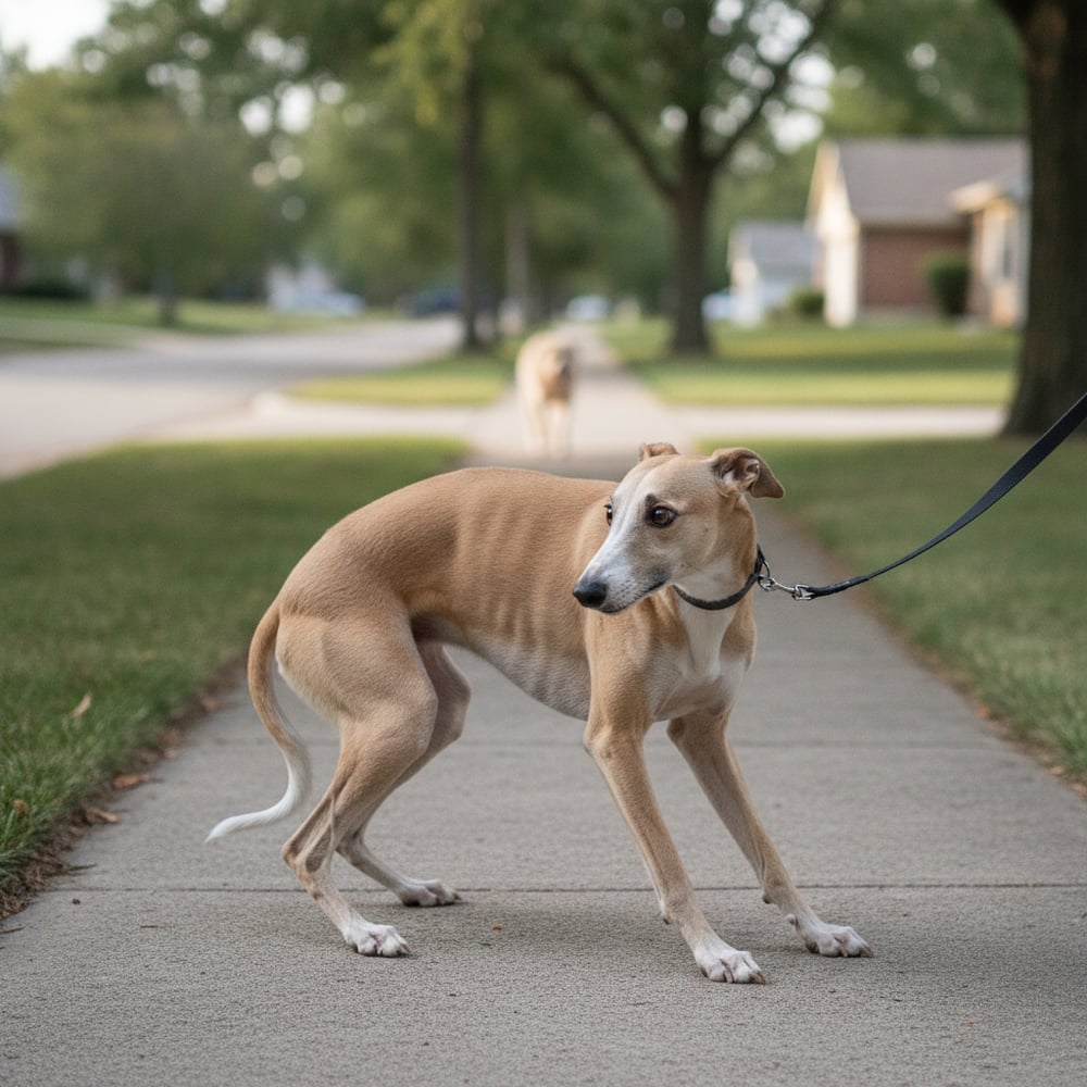 Nervous adult Whippet crouching low and leaning away from a distant dog on a suburban sidewalk, showing fear of other dogs.
