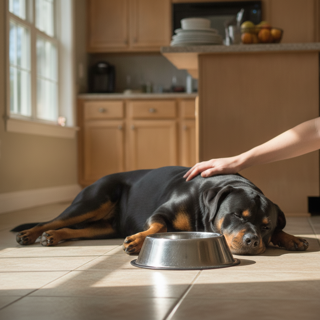 Calm relaxed Rottweiler resting contentedly by its empty bowl after Partners Dogs food aggression training.