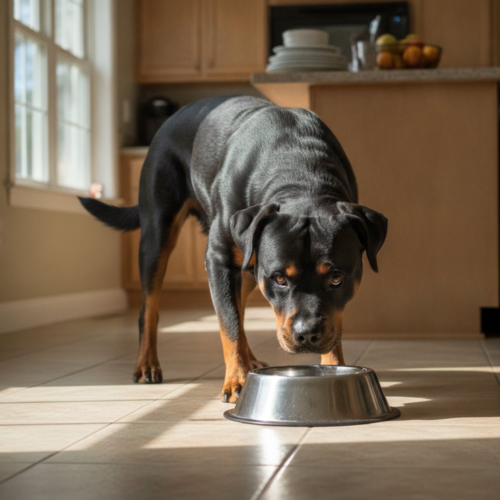 Adult Rottweiler stiff and guarding its food bowl in a kitchen, showing resource guarding food aggression before training.