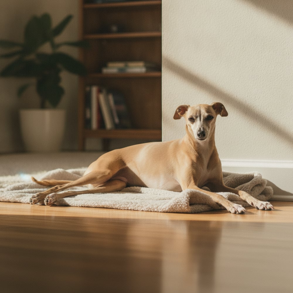 Calm relaxed Italian Greyhound stretched contentedly on a blanket in a sunny living room after Partners Dogs training