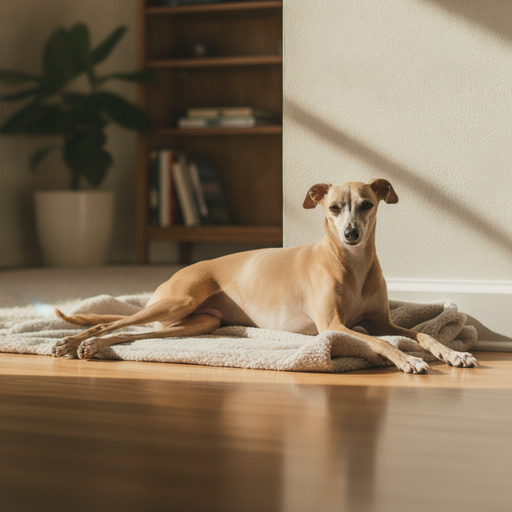 Calm relaxed Italian Greyhound stretched contentedly on a blanket in a sunny living room after Partners Dogs training
