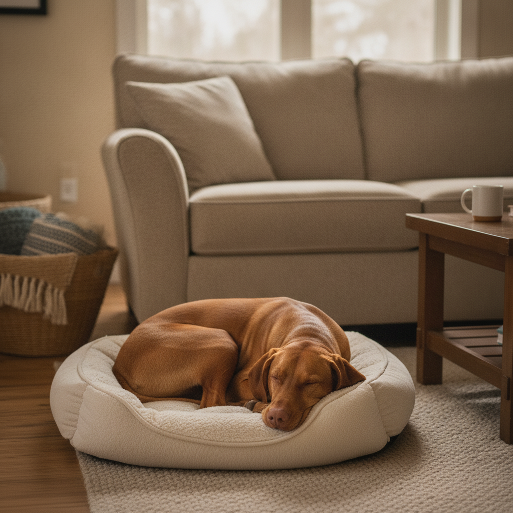 Calm, settled Vizsla resting contentedly on a living-room dog bed after Partners Dogs training.