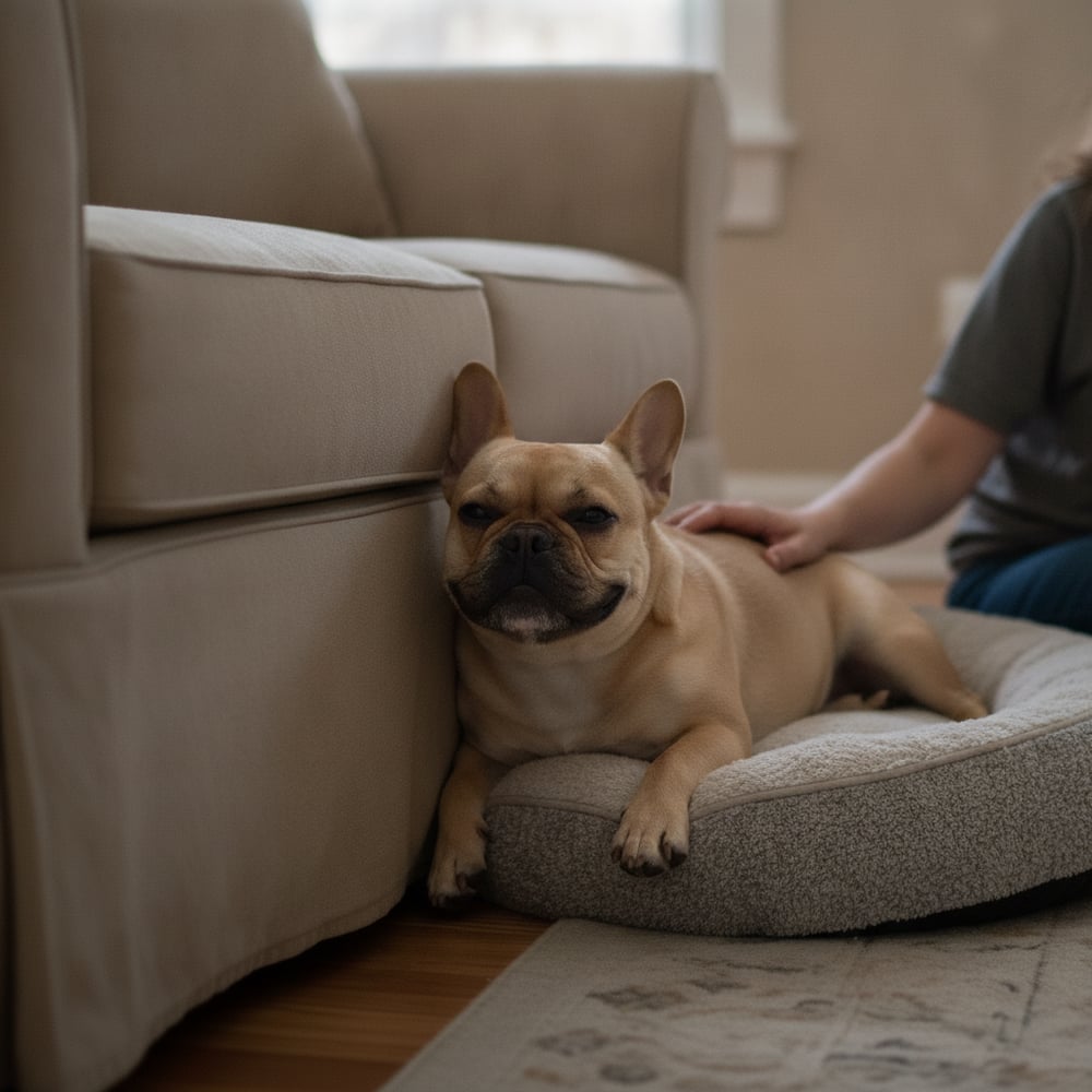 Relaxed fawn French Bulldog settled calmly on a dog bed by the sofa after Partners Dogs indoor marking training.