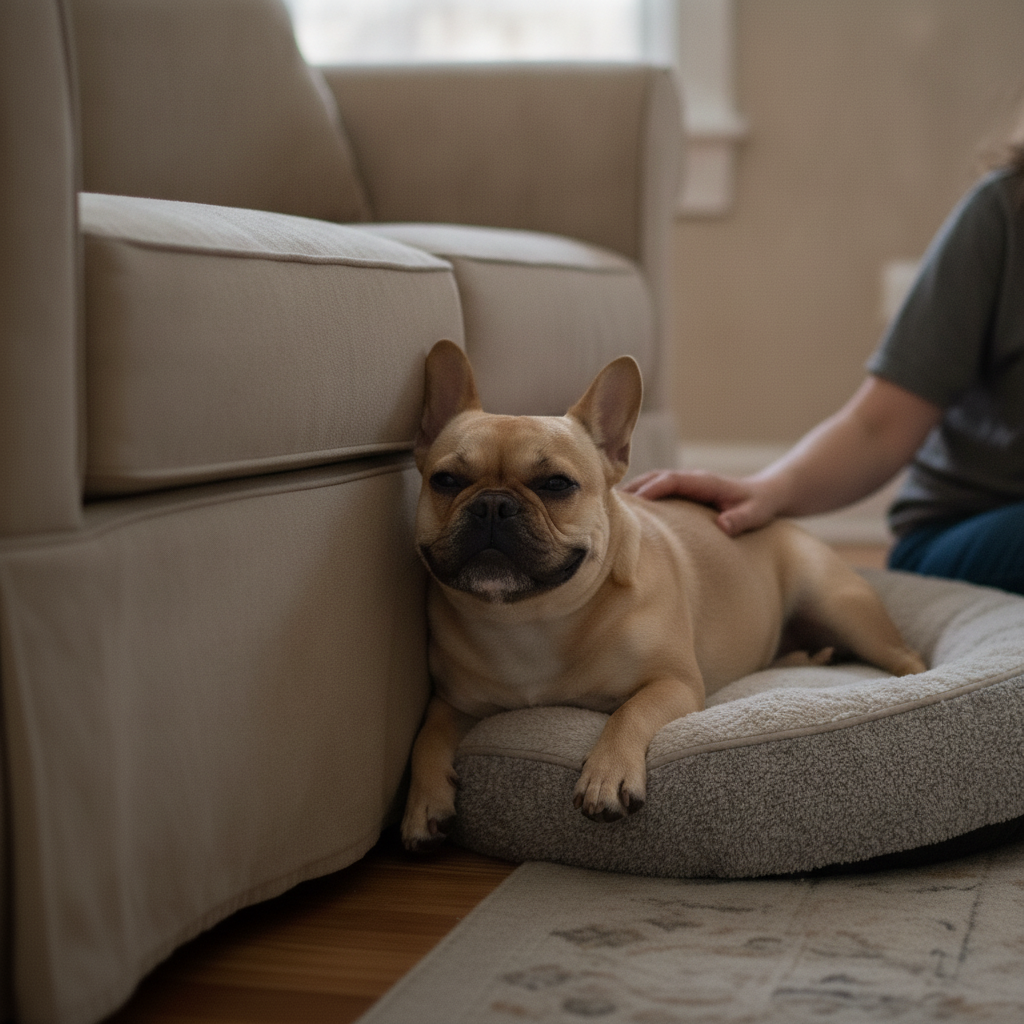 Relaxed fawn French Bulldog settled calmly on a dog bed by the sofa after Partners Dogs indoor marking training.