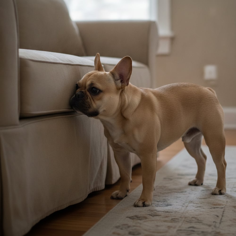 Fawn French Bulldog sniffing tensely at the base of a living-room sofa, an indoor marking behavior problem.