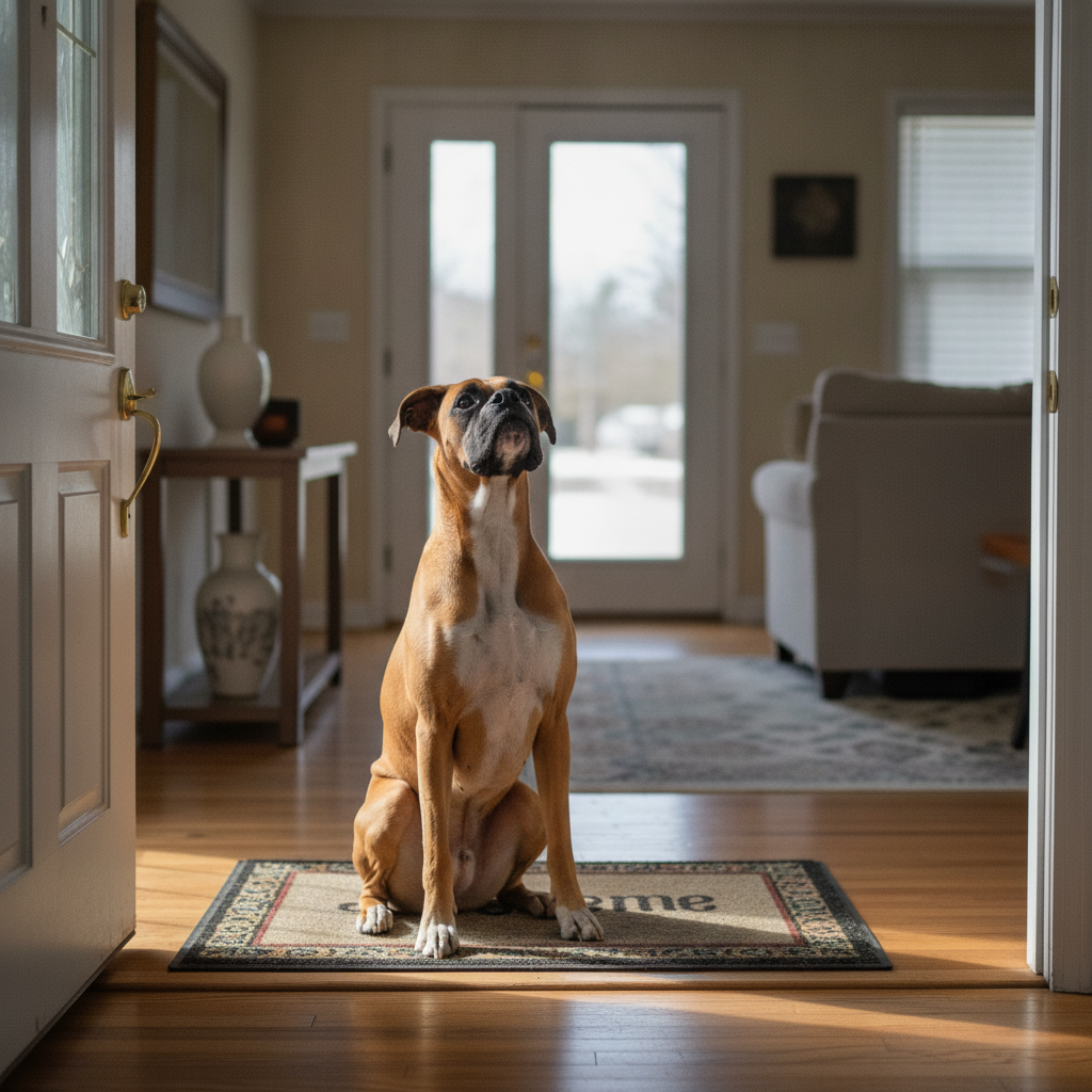 Calm fawn Boxer sitting politely at the front door greeting its owner after Partners Dogs jumping-up training.