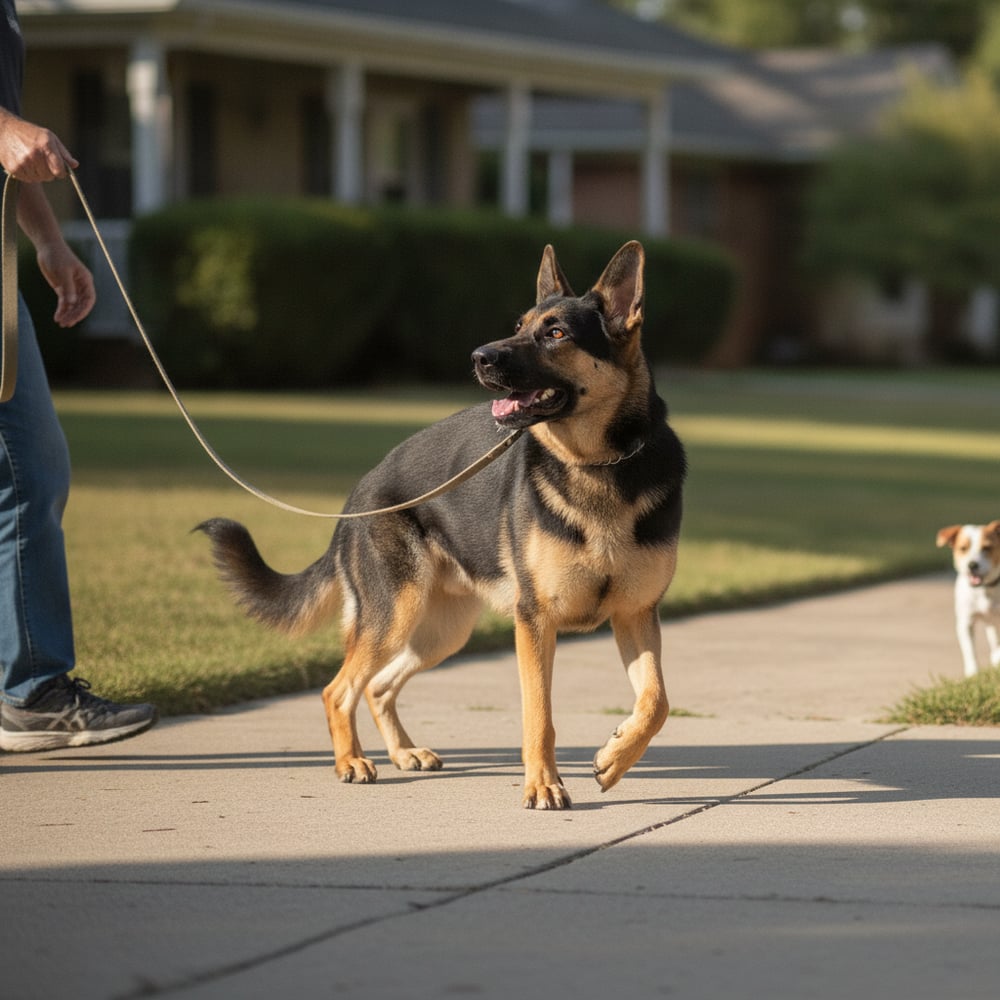 Calm German Shepherd walking on a loose leash looking up at its owner after leash reactivity training at Partners Dogs