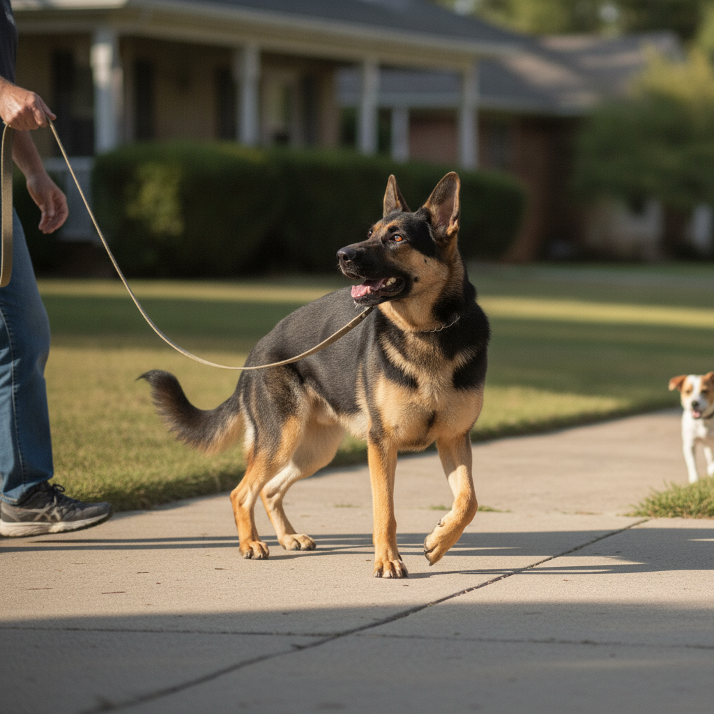 Calm German Shepherd walking on a loose leash looking up at its owner after leash reactivity training at Partners Dogs