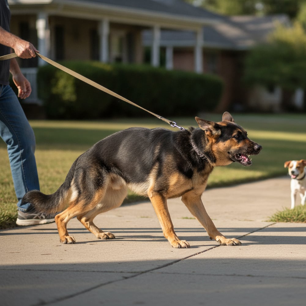 Reactive adult German Shepherd lunging and barking on a tight leash toward another dog on a neighborhood walk