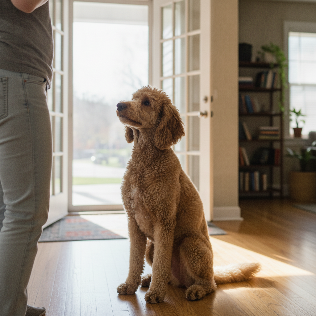 Calm apricot Standard Poodle sitting politely to greet its owner at home after Partners Dogs training.