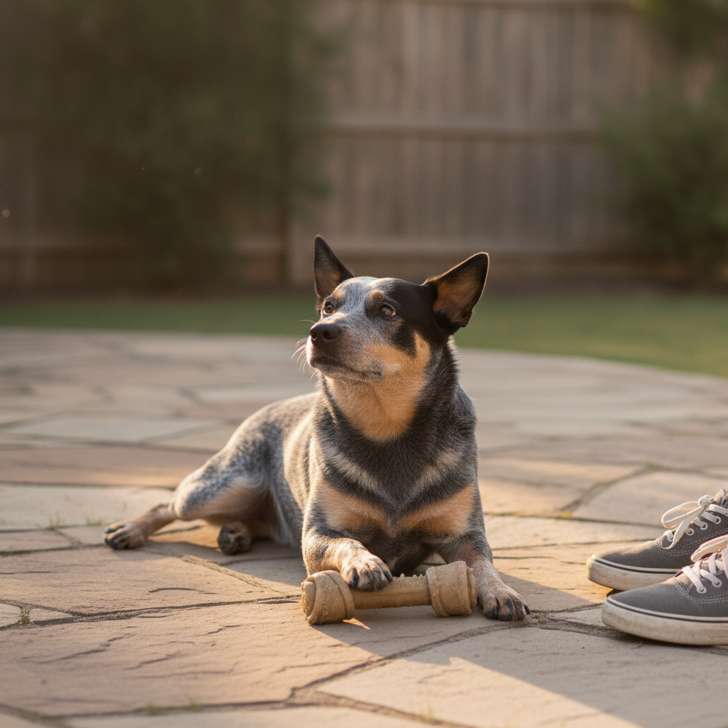 Calm, relaxed adult Australian Cattle Dog settled by its owner after Partners Dogs mouthing and nipping training.
