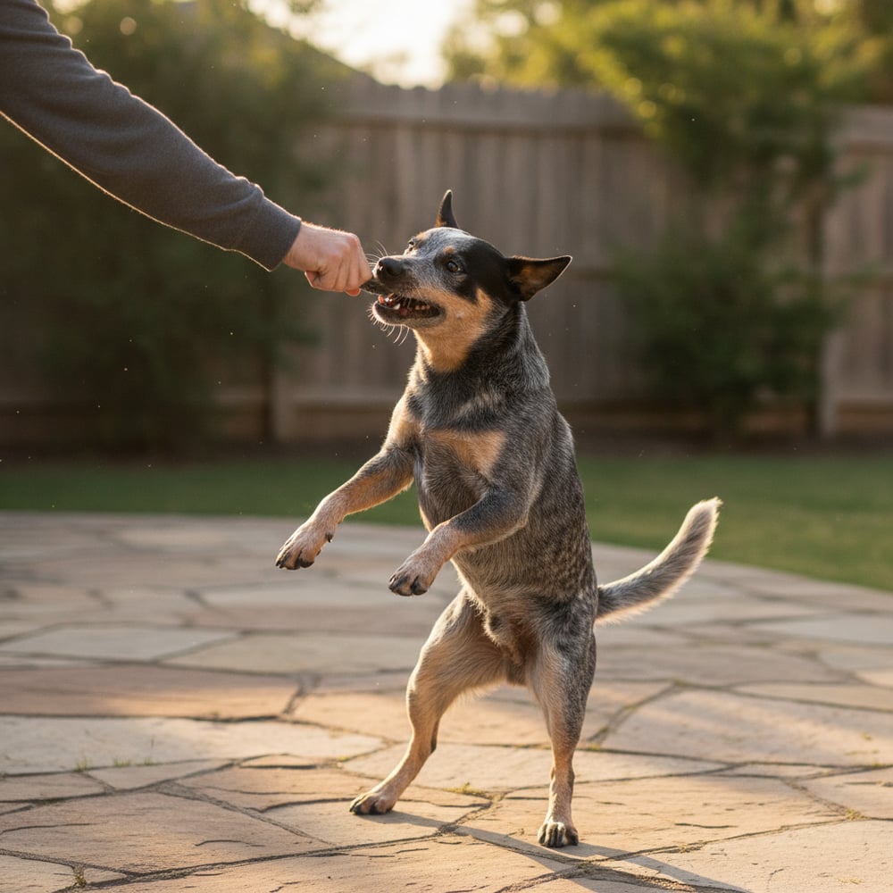 Adult Australian Cattle Dog mouthing and nipping an owner's sleeve during rough backyard play before Partners Dogs training.