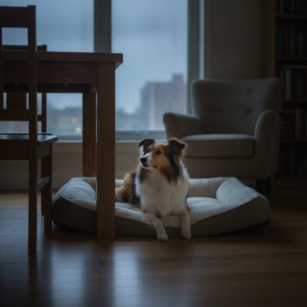 Calm, relaxed Shetland Sheepdog resting on a dog bed during a storm after Partners Dogs noise phobia training