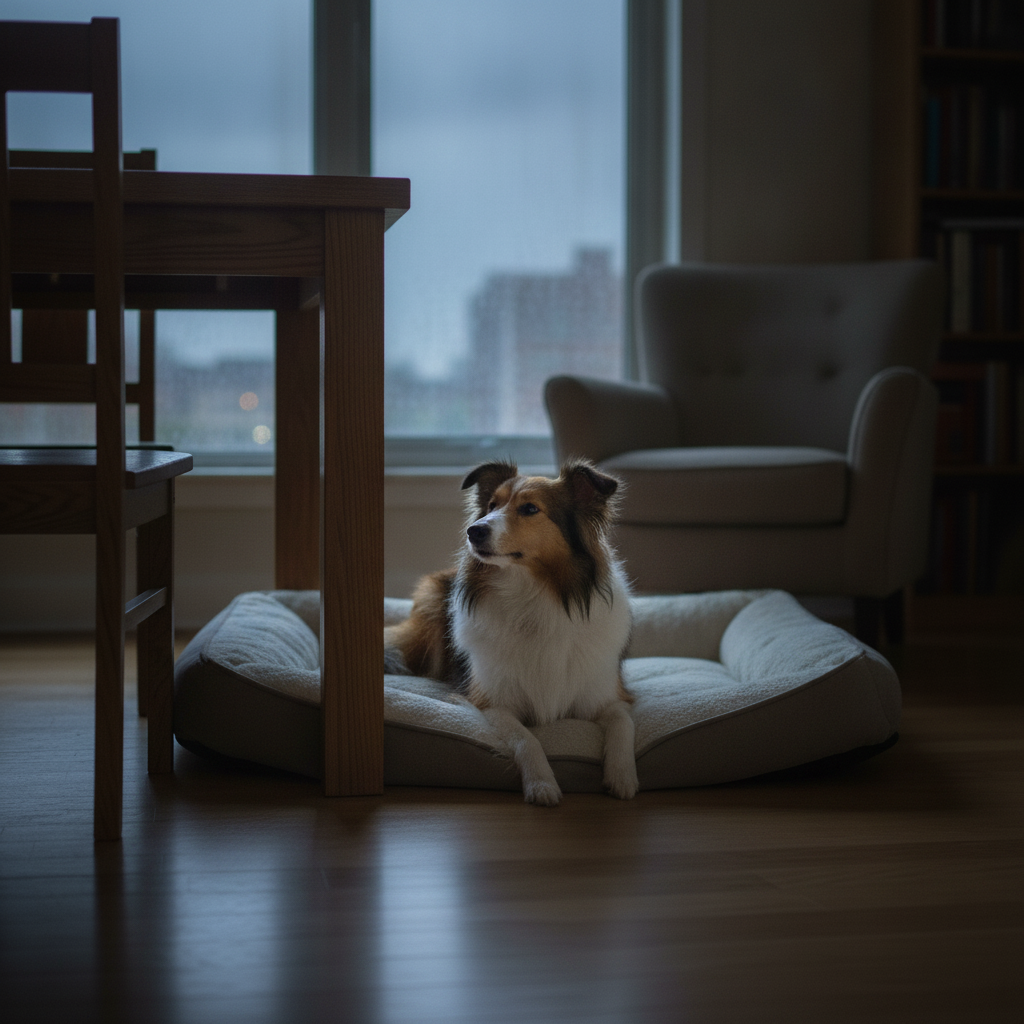 Calm, relaxed Shetland Sheepdog resting on a dog bed during a storm after Partners Dogs noise phobia training