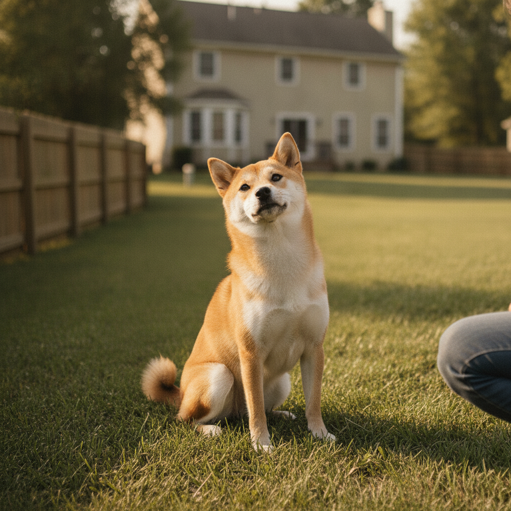 Focused, happy Shiba Inu making calm eye contact with its owner after Partners Dogs backyard training.