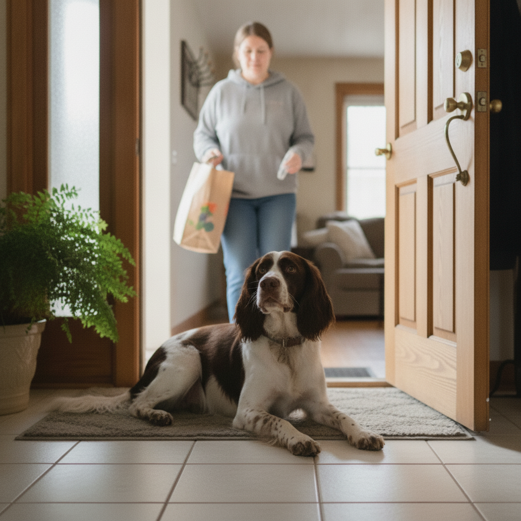 Calm English Springer Spaniel greeting its owner politely at the front door after Partners Dogs training.