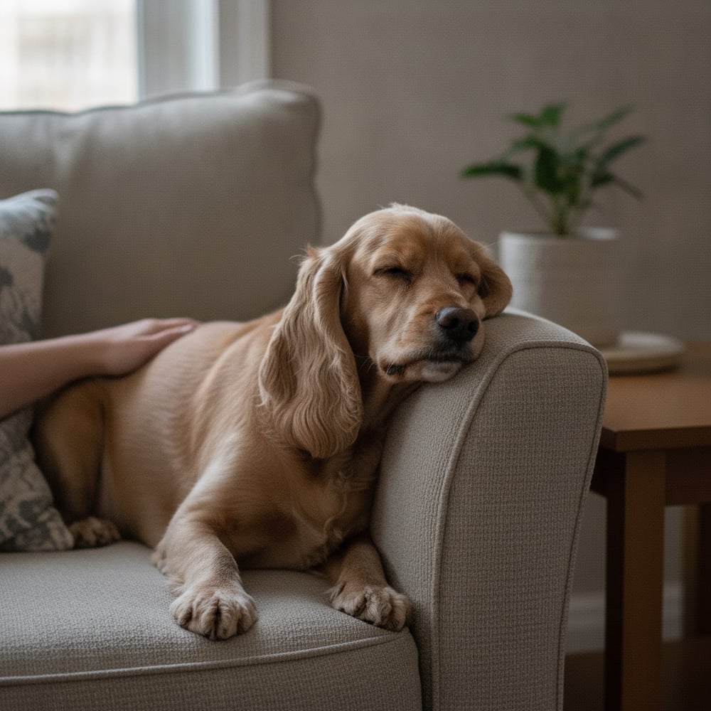 Relaxed American Cocker Spaniel resting on the couch, leaning trustingly into an owner's hand after Partners Dogs training.