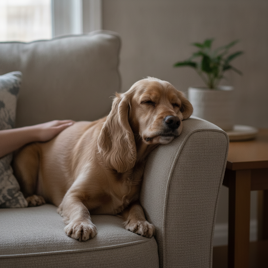 Relaxed American Cocker Spaniel resting on the couch, leaning trustingly into an owner's hand after Partners Dogs training.