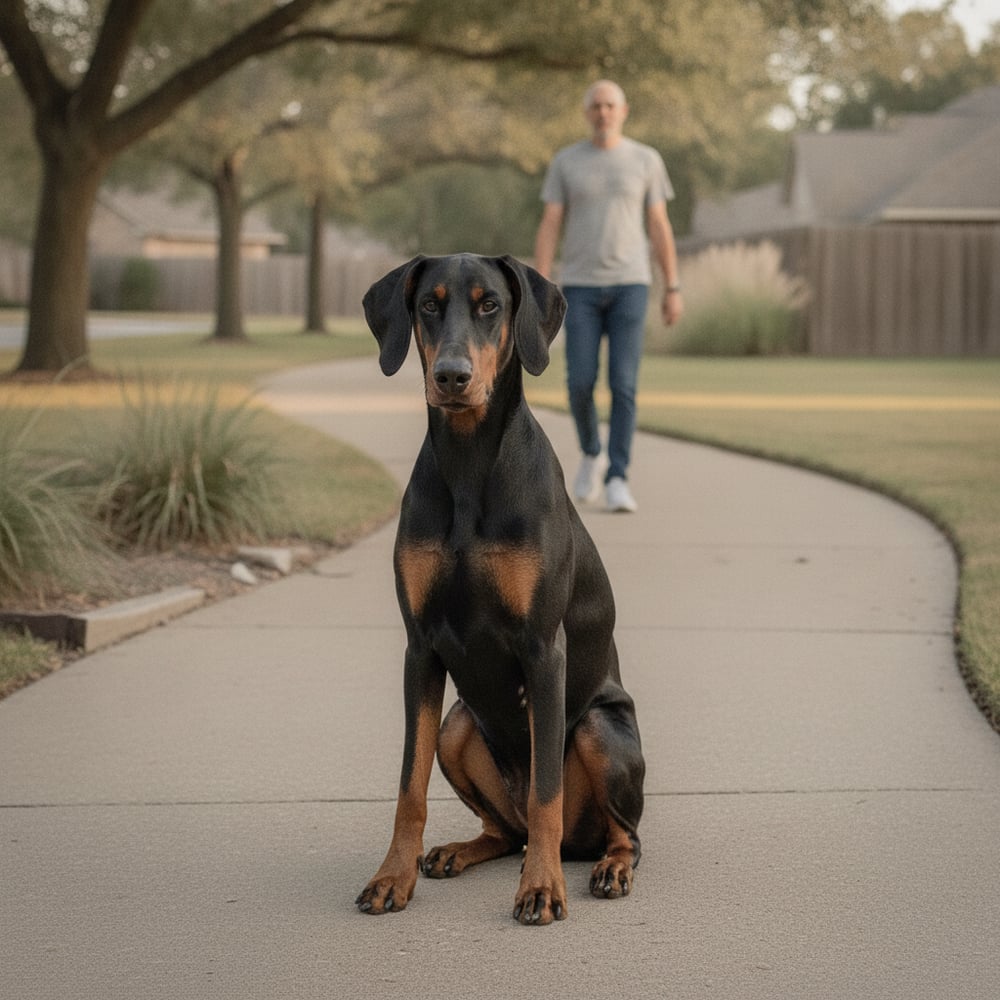 Relaxed Doberman Pinscher walking calmly on a loose leash looking up at its owner after Partners Dogs people aggression training.