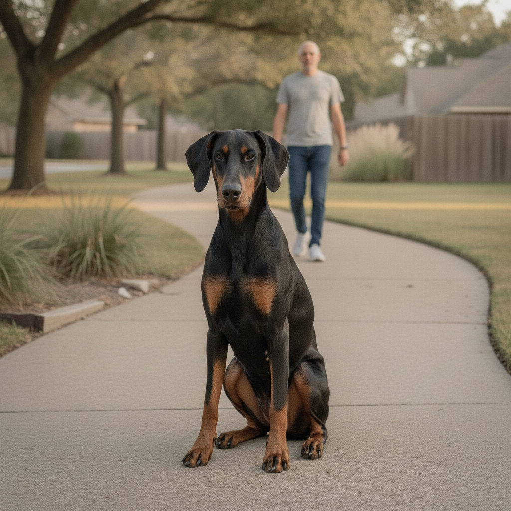 Relaxed Doberman Pinscher walking calmly on a loose leash looking up at its owner after Partners Dogs people aggression training.