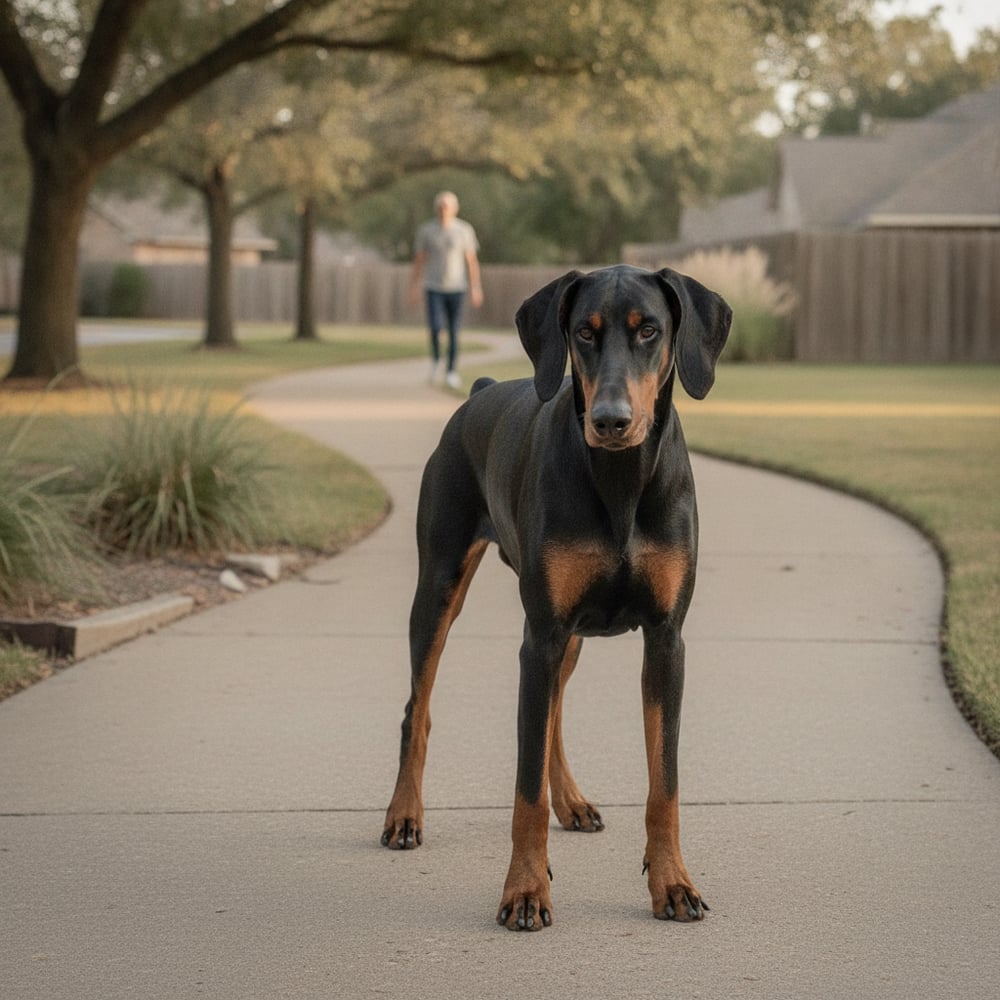 Wary adult Doberman Pinscher standing stiff and tense at a stranger approaching on a path, people aggression before training.
