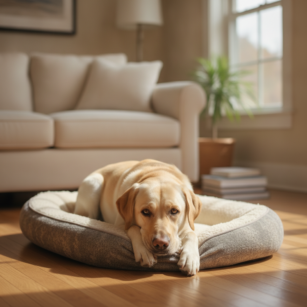 Relaxed yellow Labrador Retriever resting happily on its bed after successful potty training with Partners Dogs.