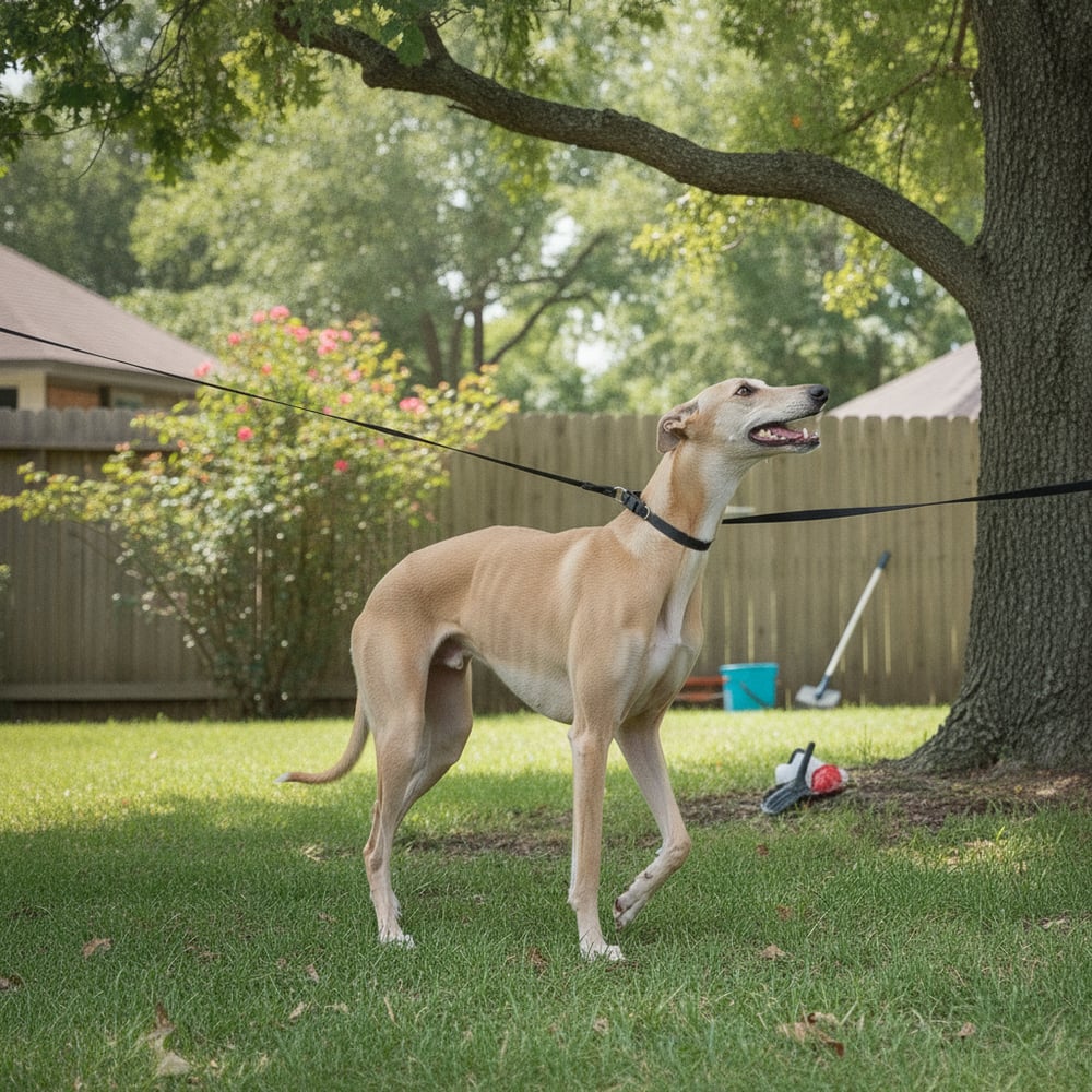Calm adult fawn Greyhound walking on a loose leash looking up at owner after Partners Dogs prey drive training.