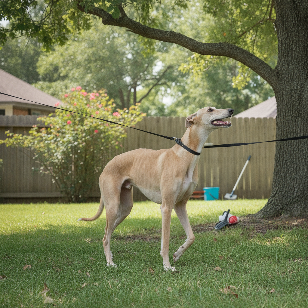 Calm adult fawn Greyhound walking on a loose leash looking up at owner after Partners Dogs prey drive training.