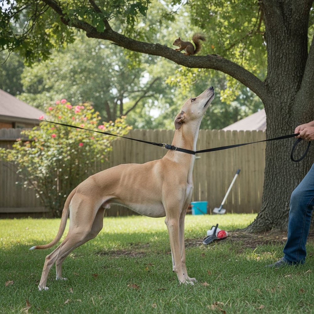 Adult fawn Greyhound straining on leash toward a squirrel in a tree, intense prey drive before Partners Dogs training.